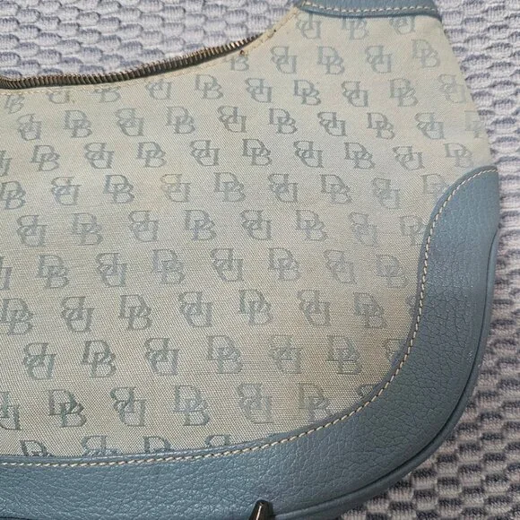 Vintage Dooney & Bourke Blue Monogram Canvas Blue Leather Trim Hobo Shoulder Bag - Picture 5 of 7